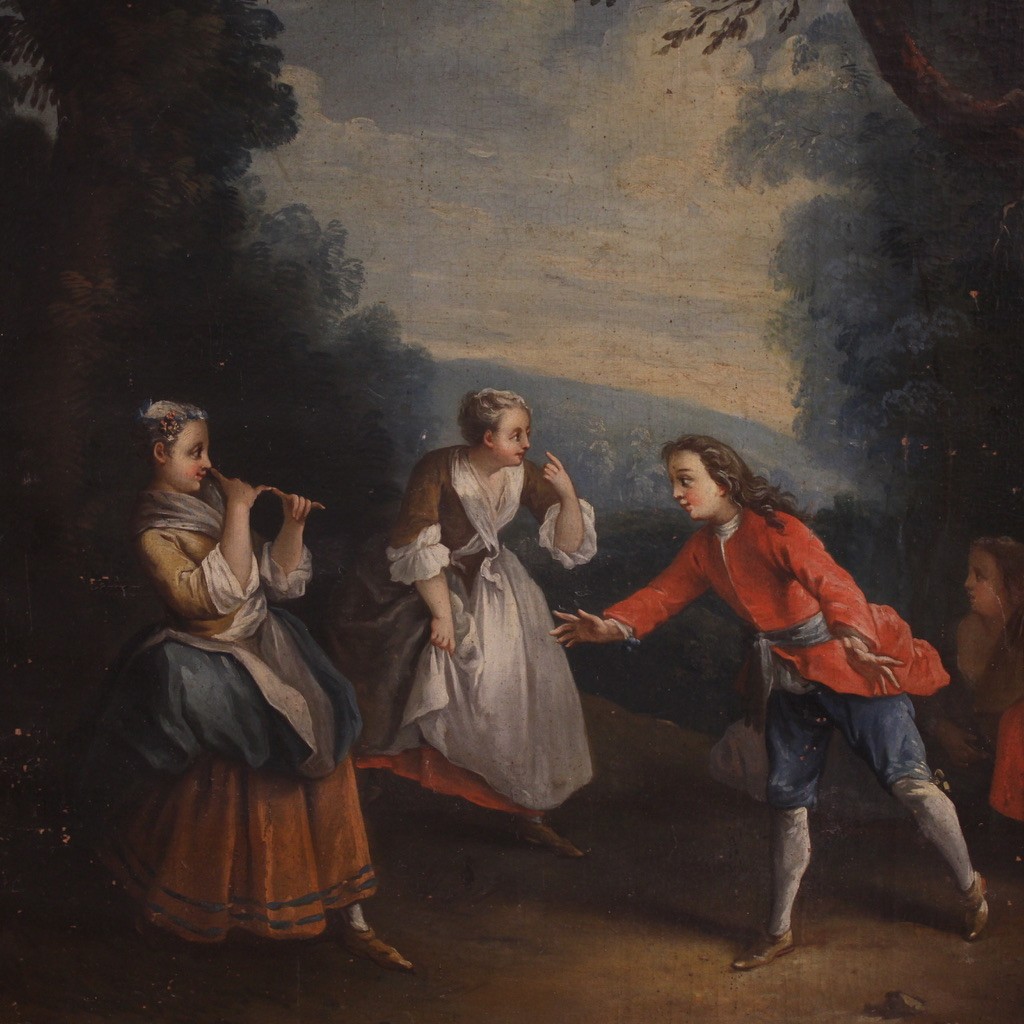 Ancien tableau français enfants jouant du 18ème siècle