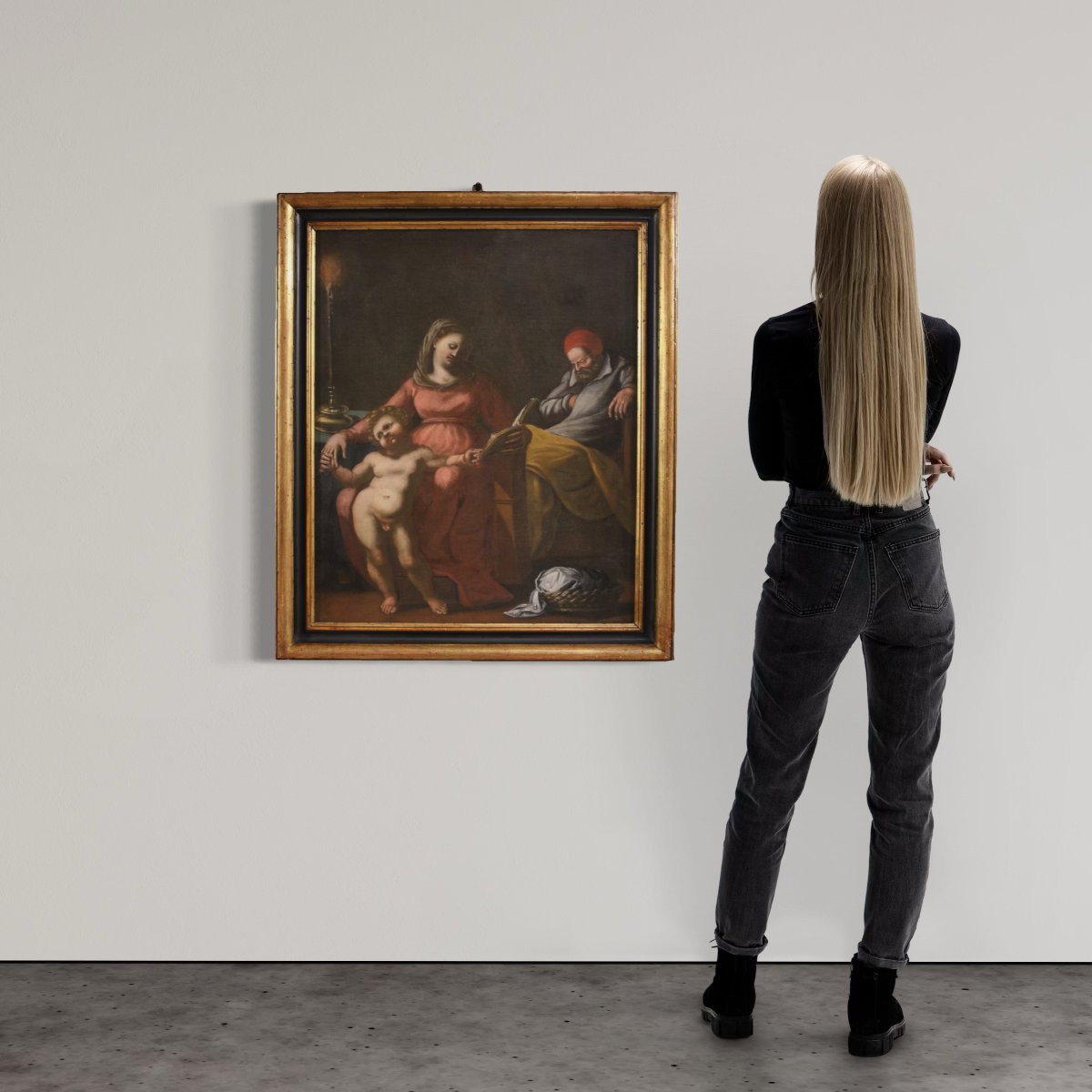 Tableau italien ancien du 17ème siècle, Sainte Famille avec saint Joseph endormi-photo-2