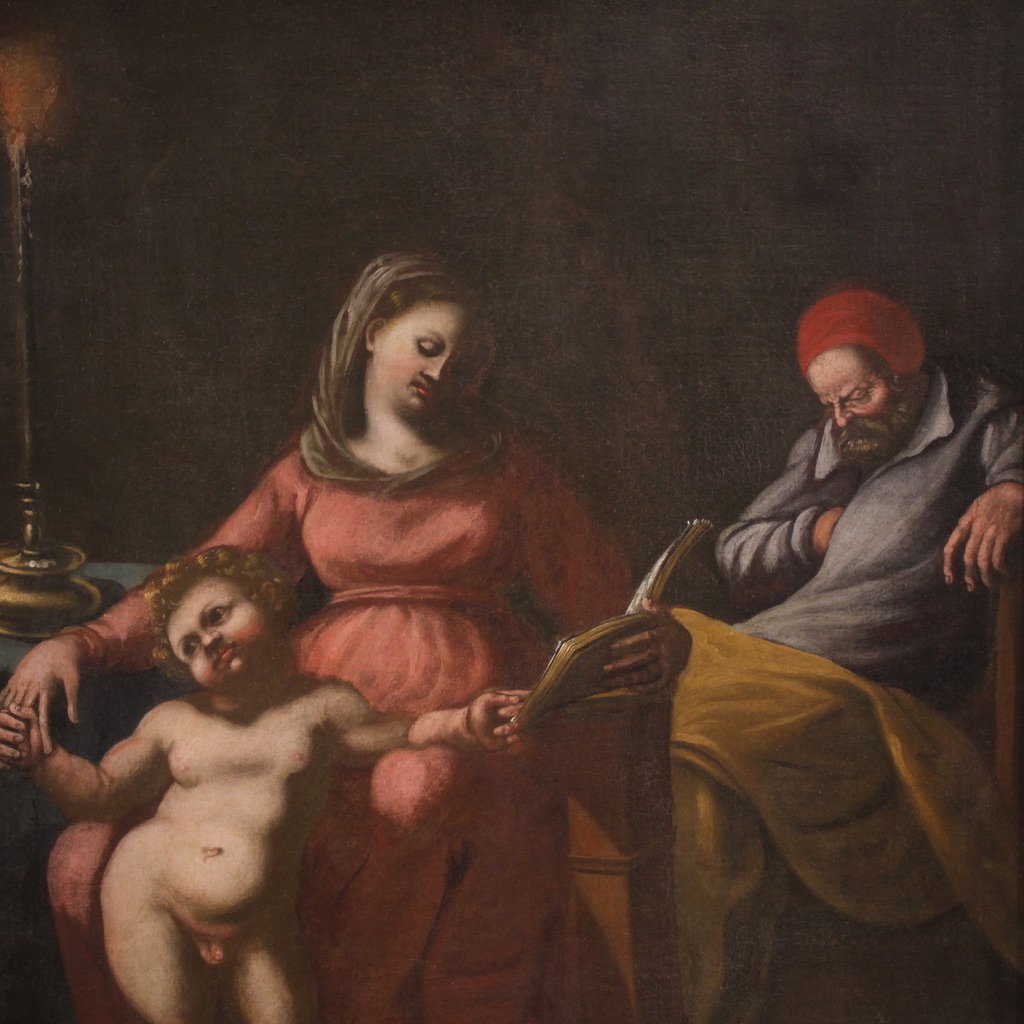 Tableau italien ancien du 17ème siècle, Sainte Famille avec saint Joseph endormi-photo-4