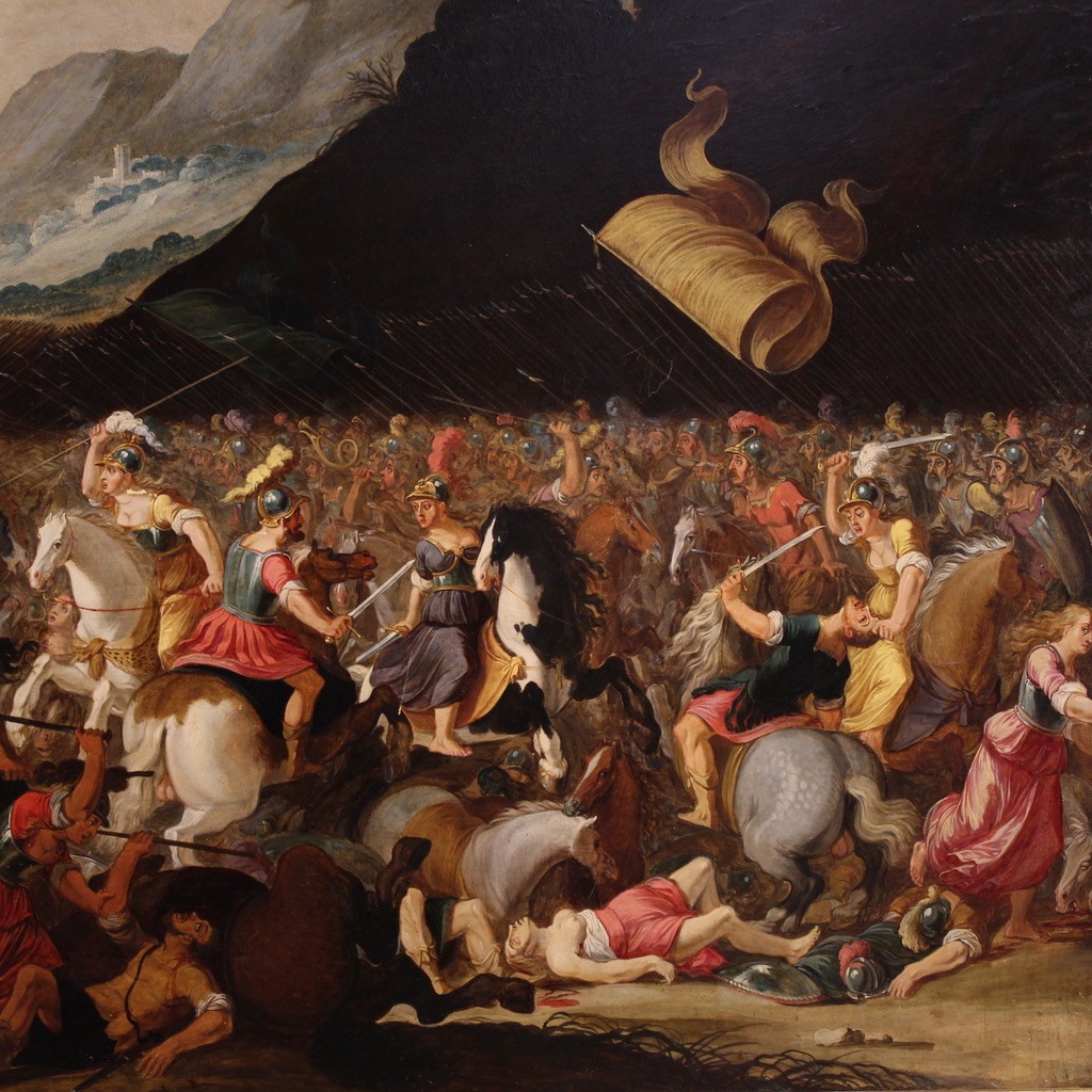 Grand tableau flamand sur panneau du 17ème siècle, bataille entre chevaliers et Amazones-photo-2