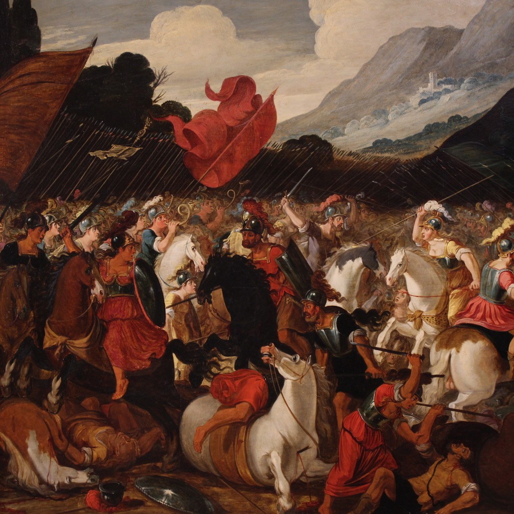 Grand tableau flamand sur panneau du 17ème siècle, bataille entre chevaliers et Amazones-photo-3