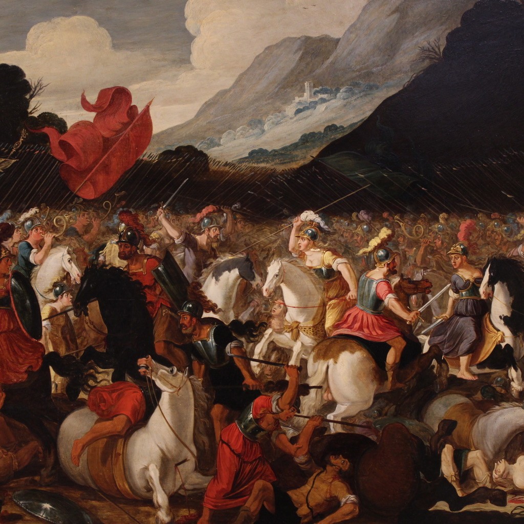 Grand tableau flamand sur panneau du 17ème siècle, bataille entre chevaliers et Amazones-photo-4