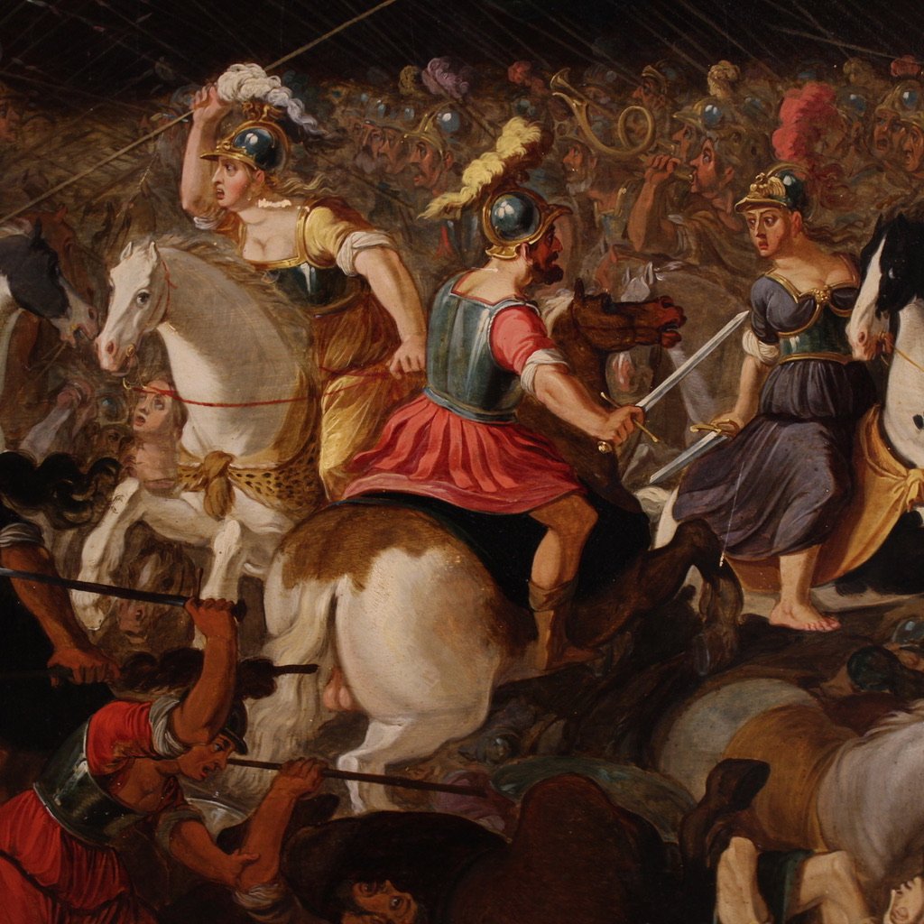 Grand tableau flamand sur panneau du 17ème siècle, bataille entre chevaliers et Amazones-photo-2