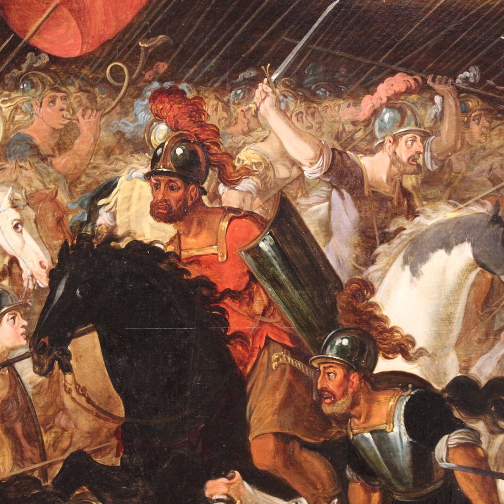 Grand tableau flamand sur panneau du 17ème siècle, bataille entre chevaliers et Amazones-photo-4
