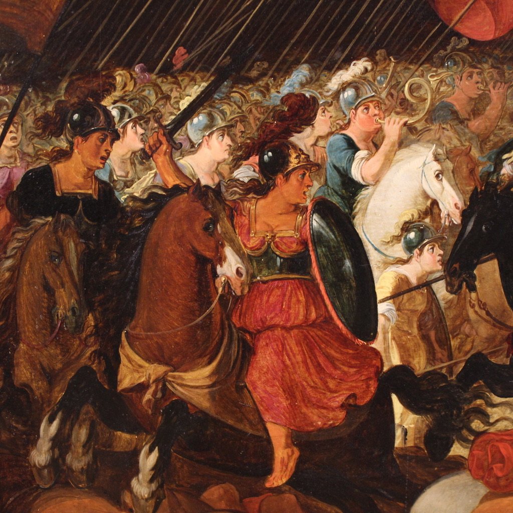 Grand tableau flamand sur panneau du 17ème siècle, bataille entre chevaliers et Amazones-photo-5