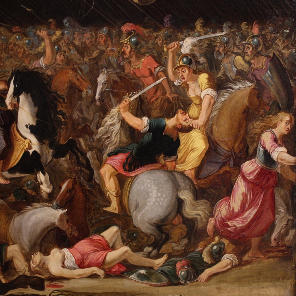 Grand tableau flamand sur panneau du 17ème siècle, bataille entre chevaliers et Amazones-photo-6