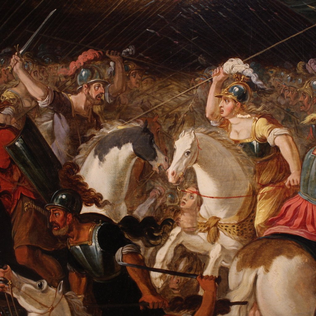 Grand tableau flamand sur panneau du 17ème siècle, bataille entre chevaliers et Amazones-photo-7