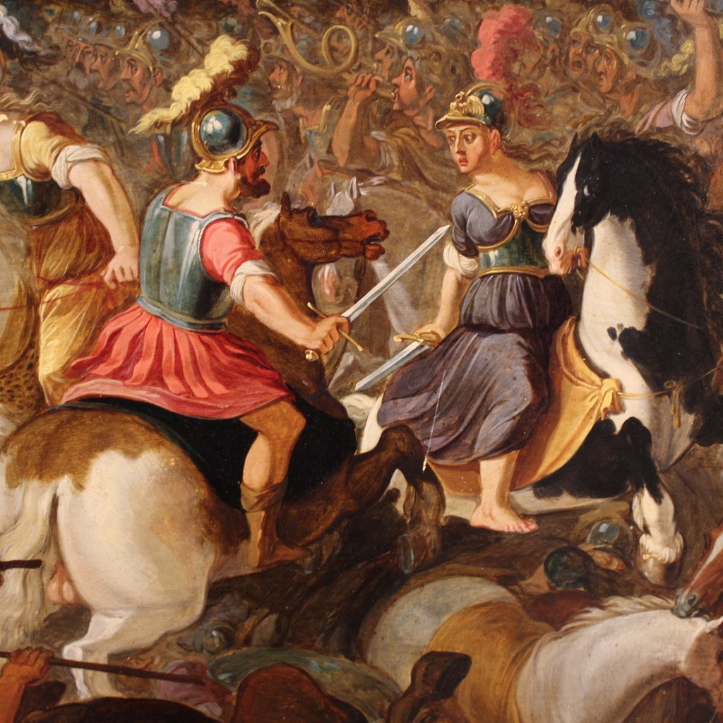 Grand tableau flamand sur panneau du 17ème siècle, bataille entre chevaliers et Amazones-photo-8