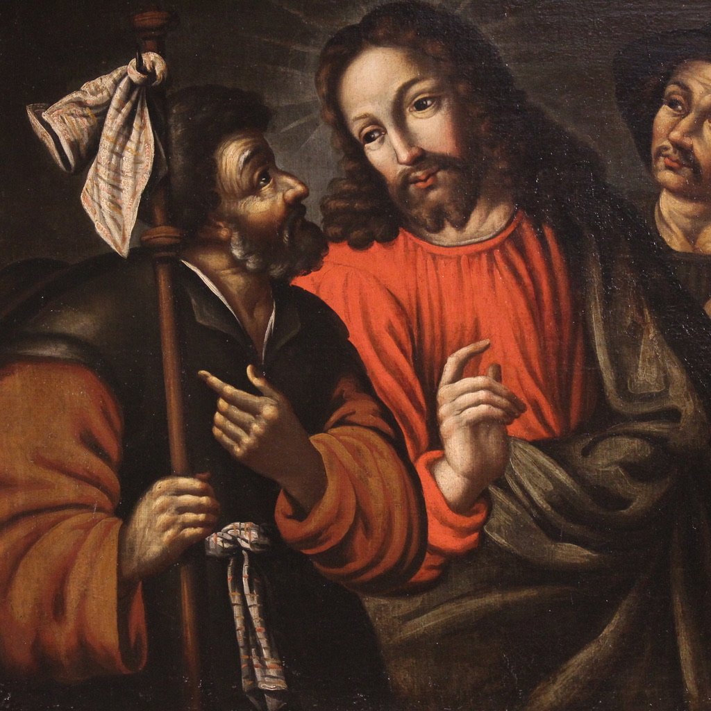 Ancien tableau espagnol du 17ème siècle, Christ et les disciples d'Emmaüs-photo-2