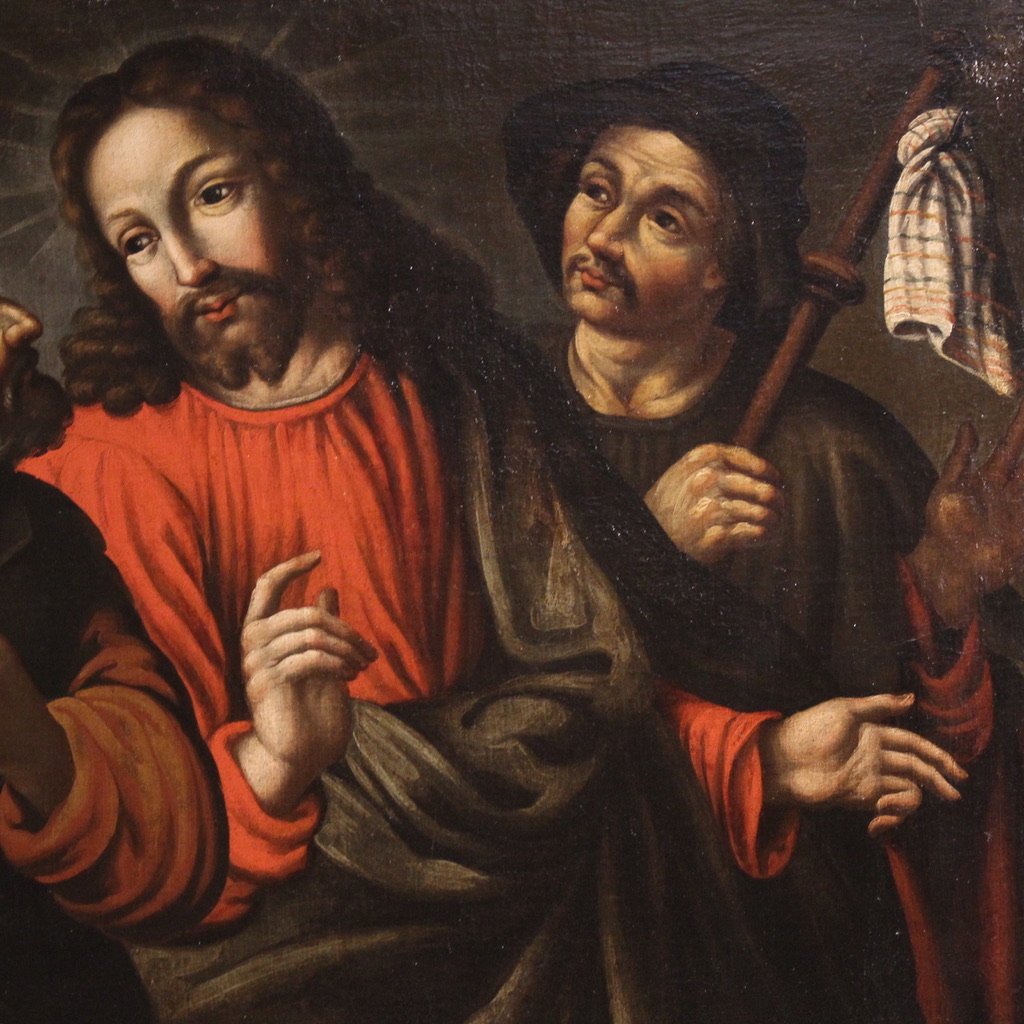 Ancien tableau espagnol du 17ème siècle, Christ et les disciples d'Emmaüs-photo-3