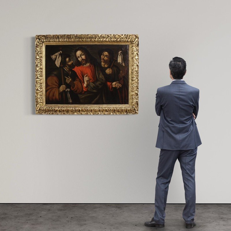 Ancien tableau espagnol du 17ème siècle, Christ et les disciples d'Emmaüs-photo-1