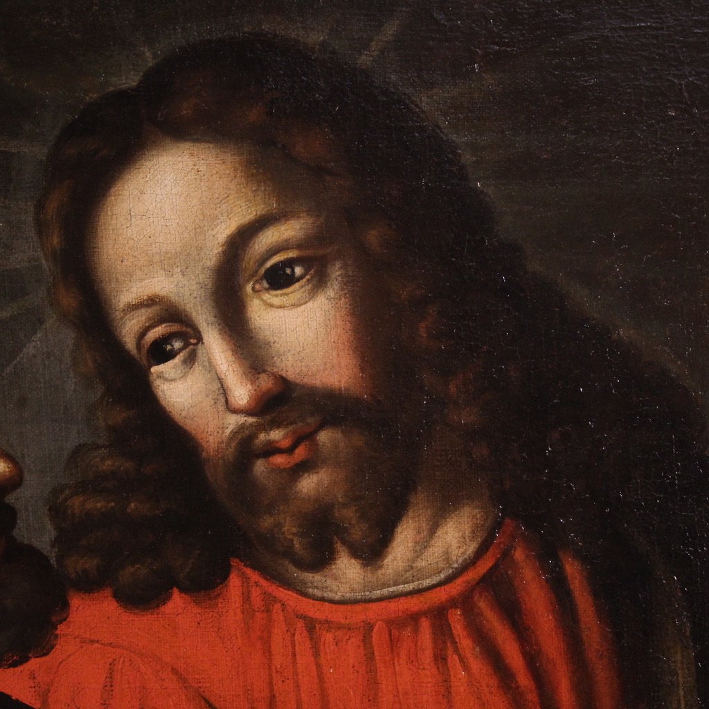 Ancien tableau espagnol du 17ème siècle, Christ et les disciples d'Emmaüs-photo-3