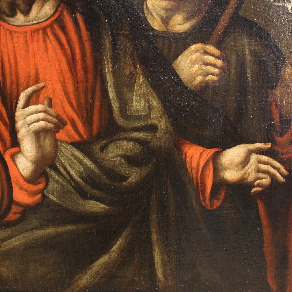 Ancien tableau espagnol du 17ème siècle, Christ et les disciples d'Emmaüs-photo-4