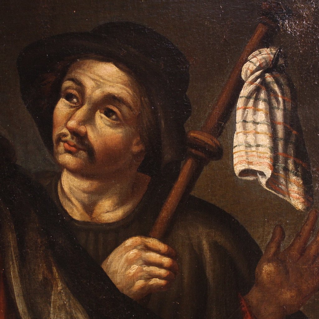 Ancien tableau espagnol du 17ème siècle, Christ et les disciples d'Emmaüs-photo-5