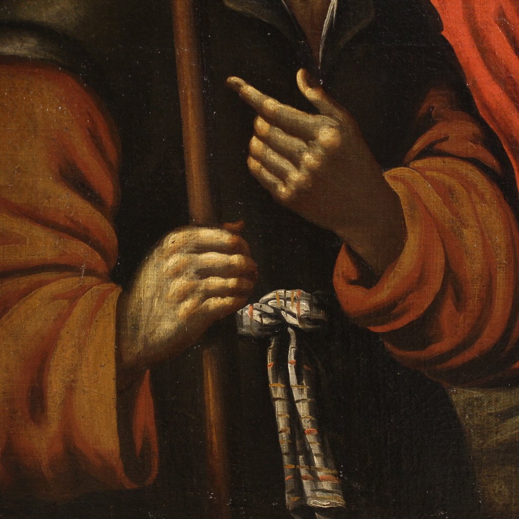 Ancien tableau espagnol du 17ème siècle, Christ et les disciples d'Emmaüs-photo-6