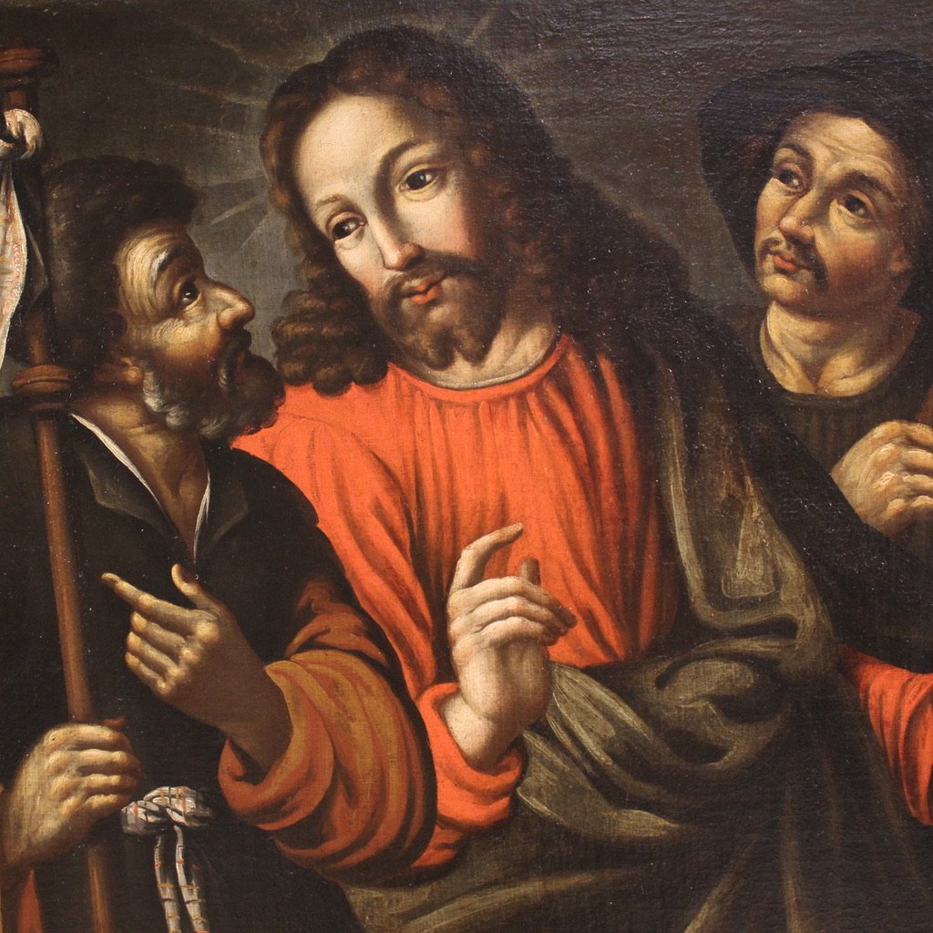 Ancien tableau espagnol du 17ème siècle, Christ et les disciples d'Emmaüs-photo-7