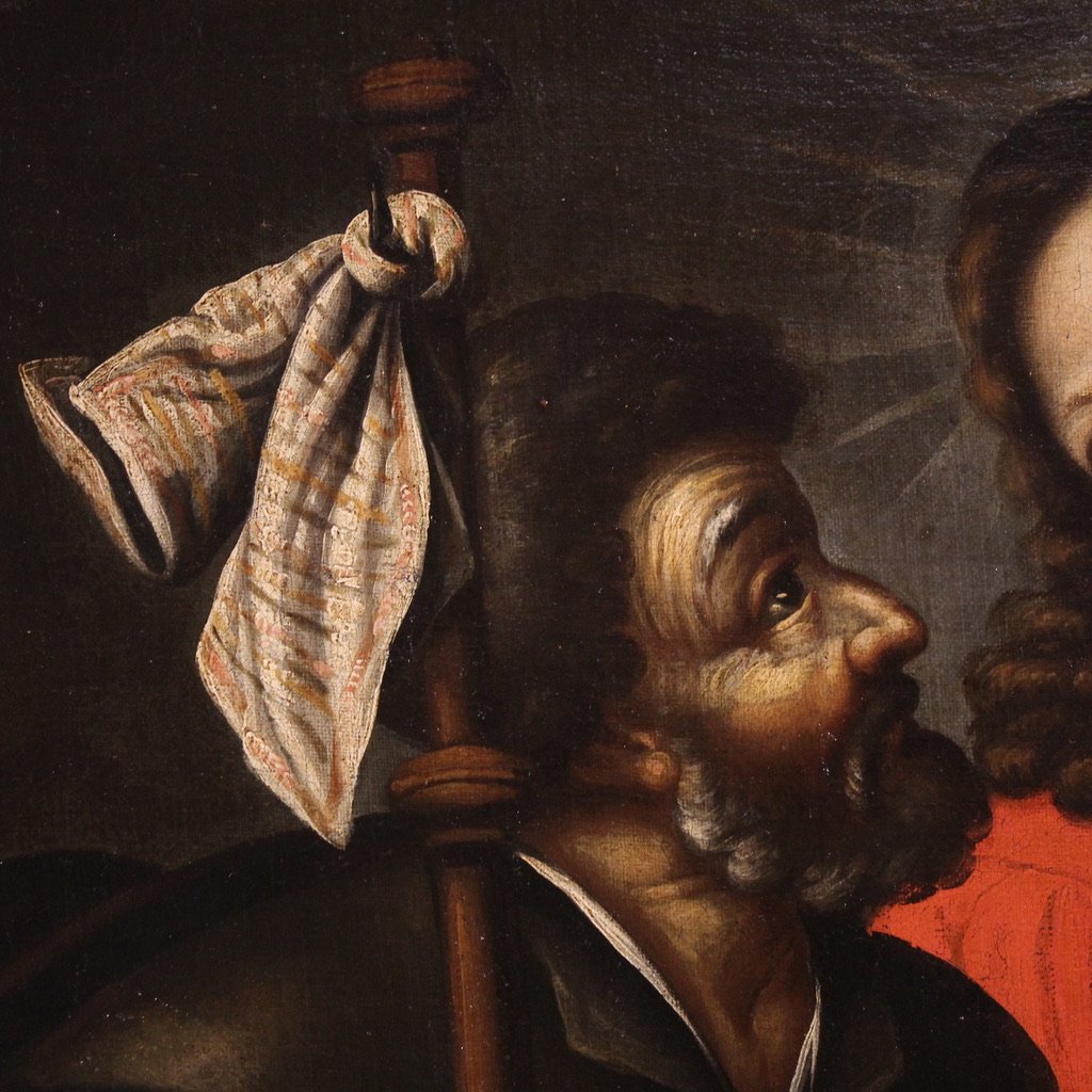 Ancien tableau espagnol du 17ème siècle, Christ et les disciples d'Emmaüs-photo-8