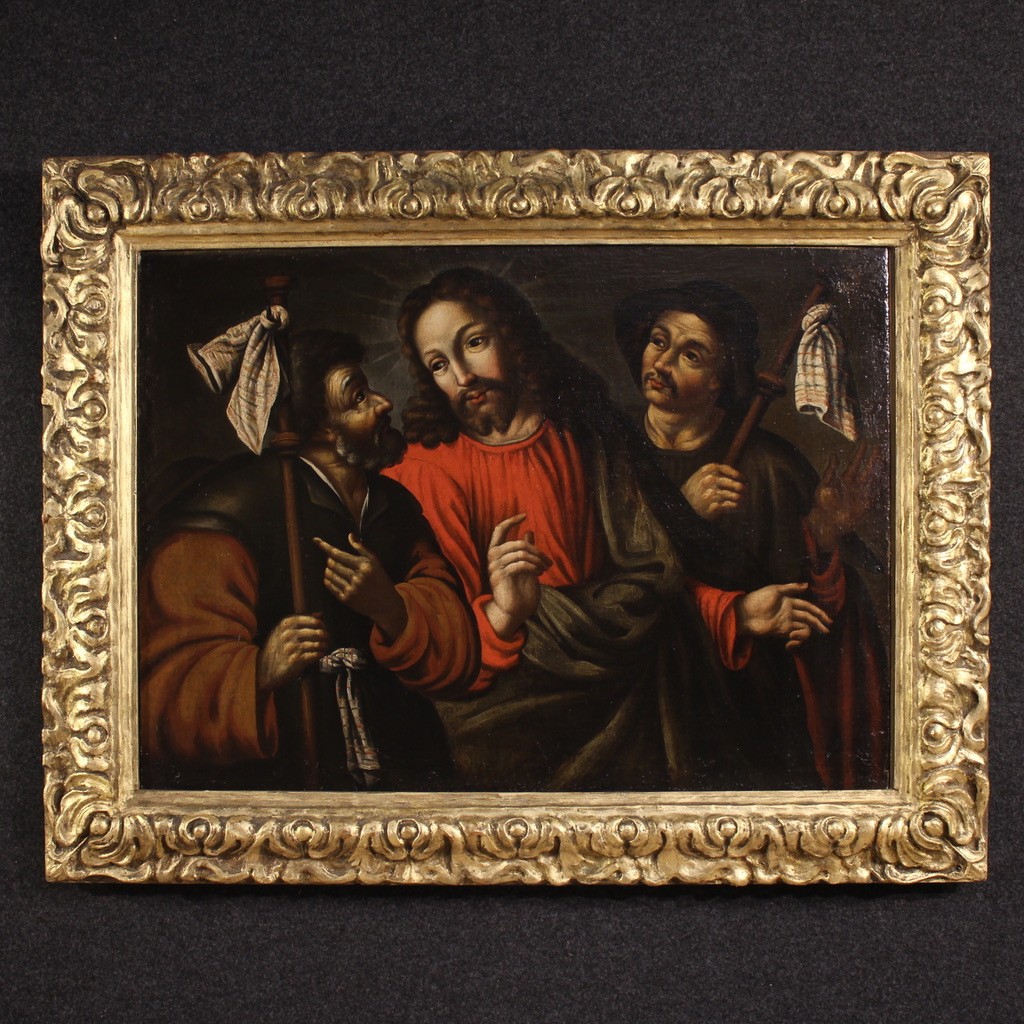 Ancien tableau espagnol du 17ème siècle, Christ et les disciples d'Emmaüs