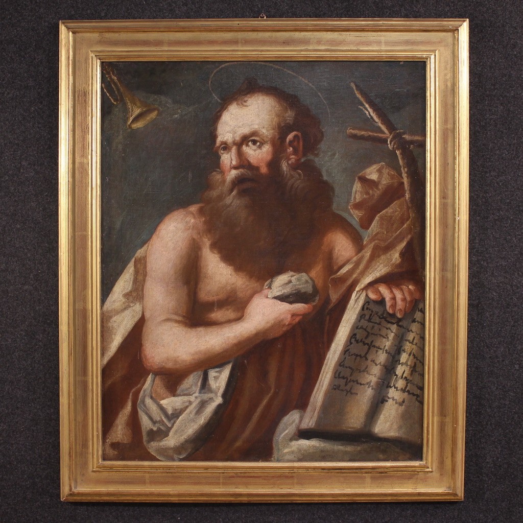 Tableau religieux ancien du 17ème siècle, Saint Jérôme pénitent