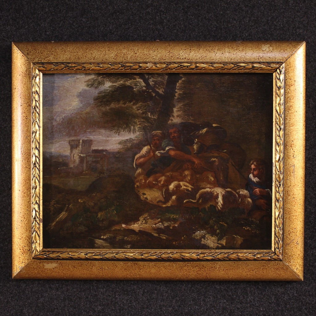 Ancien tableau italien du 18ème siècle, paysage avec scène pastorale