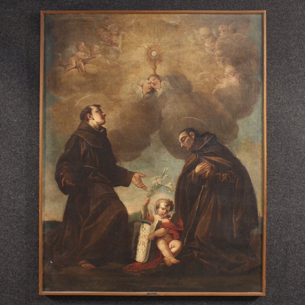 Antique Italian Painting Of Adoration Of Friars With Cherubs From The 17th Century-photo-2