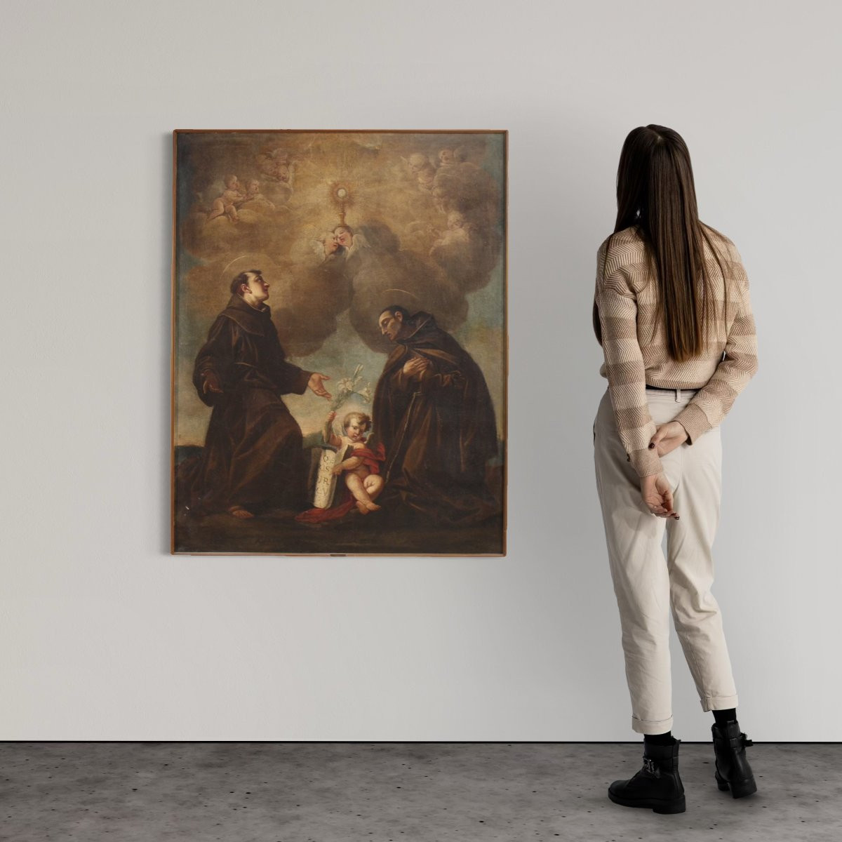 Antique Italian Painting Of Adoration Of Friars With Cherubs From The 17th Century-photo-3