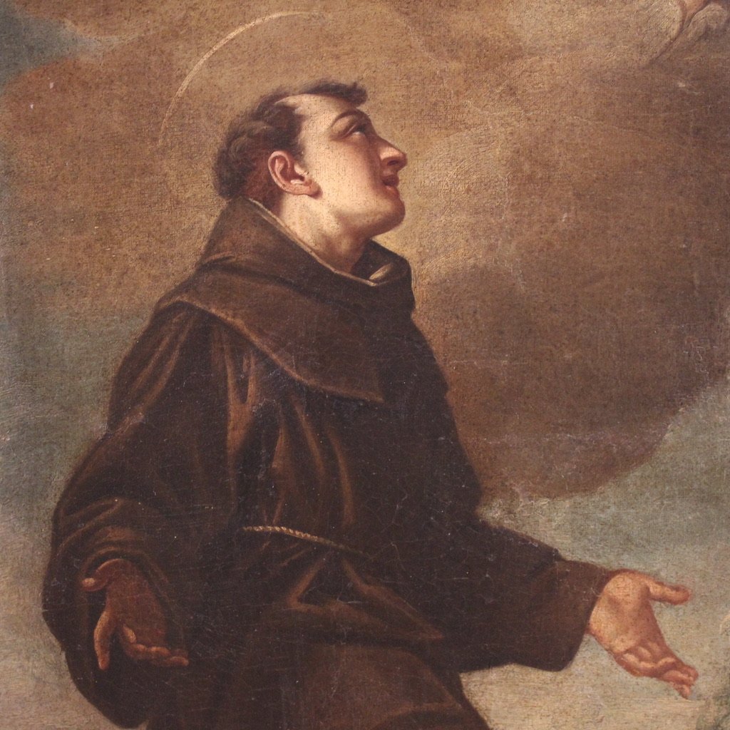 Antique Italian Painting Of Adoration Of Friars With Cherubs From The 17th Century-photo-1