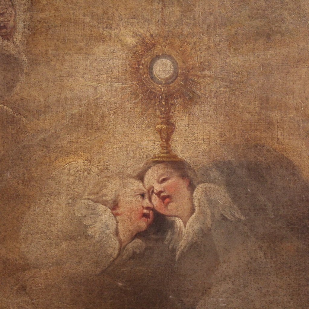 Antique Italian Painting Of Adoration Of Friars With Cherubs From The 17th Century-photo-5