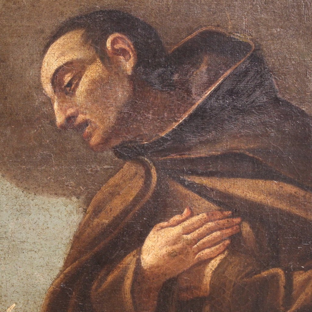 Antique Italian Painting Of Adoration Of Friars With Cherubs From The 17th Century-photo-7