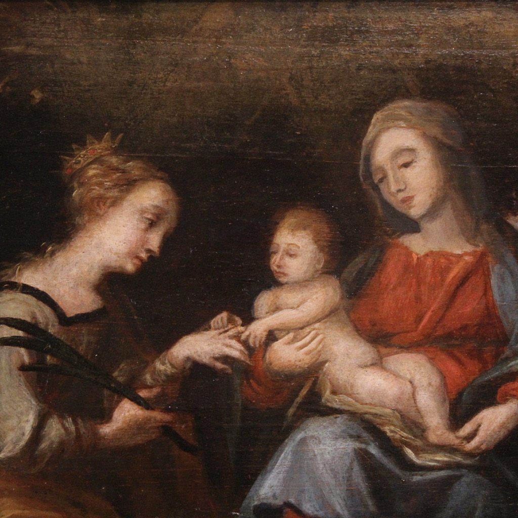 Peinture ancienne du 17ème siècle sur panneau, Mariage mystique de sainte Catherine d'Alexandri-photo-2