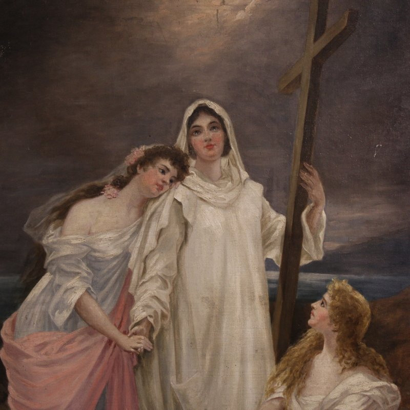 Grand tableau néoclassique du 19ème siècle, allégorie de la foi, de l'espérance et de la charit-photo-2