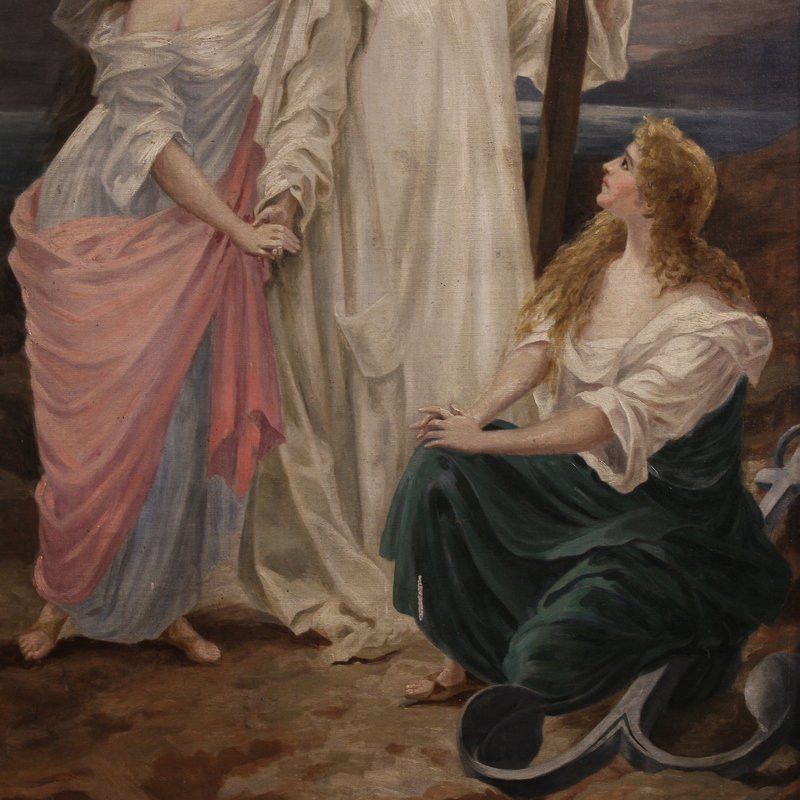 Grand tableau néoclassique du 19ème siècle, allégorie de la foi, de l'espérance et de la charit-photo-3