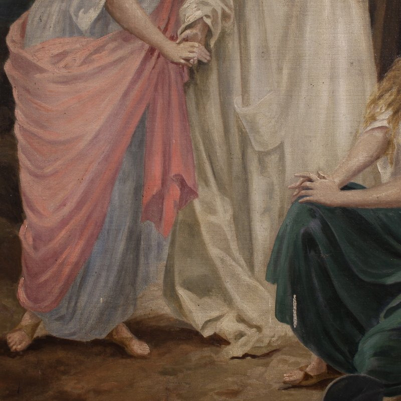 Grand tableau néoclassique du 19ème siècle, allégorie de la foi, de l'espérance et de la charit-photo-7