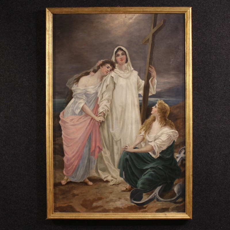 Grand tableau néoclassique du 19ème siècle, allégorie de la foi, de l'espérance et de la charit