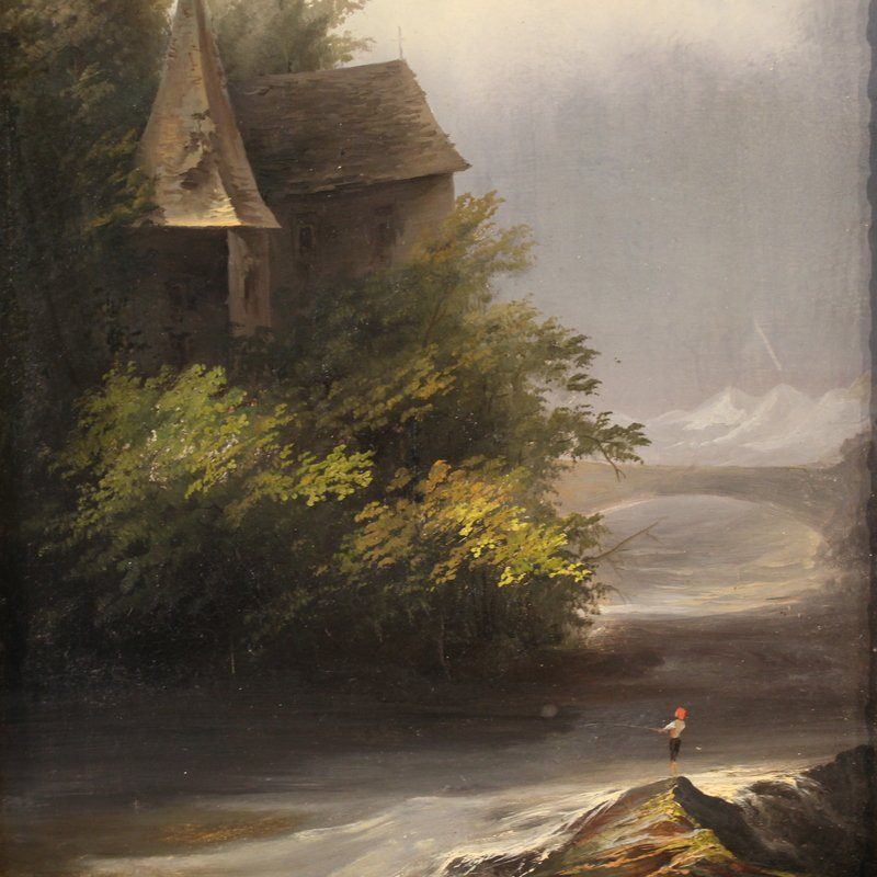 Tableau signé Peyron du 19ème siècle, paysage romantique avec pêcheur-photo-2
