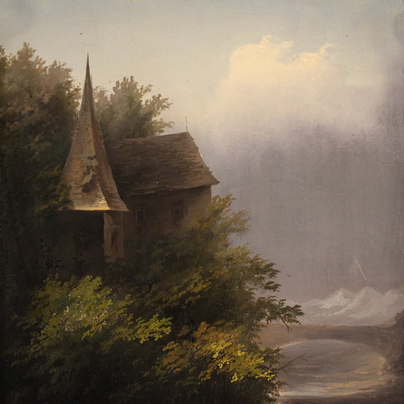 Tableau signé Peyron du 19ème siècle, paysage romantique avec pêcheur-photo-3