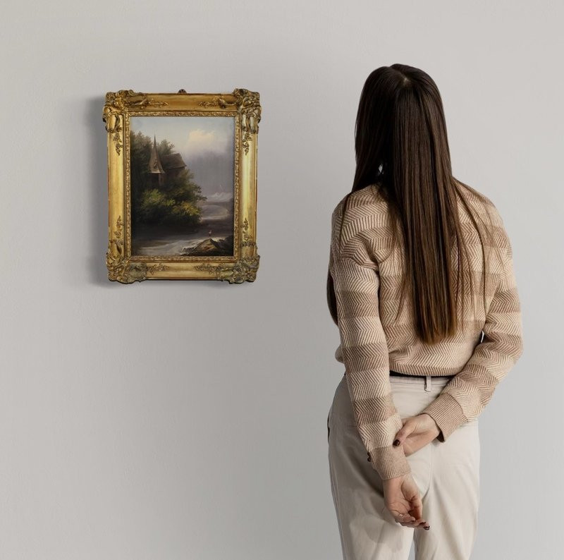 Tableau signé Peyron du 19ème siècle, paysage romantique avec pêcheur-photo-1