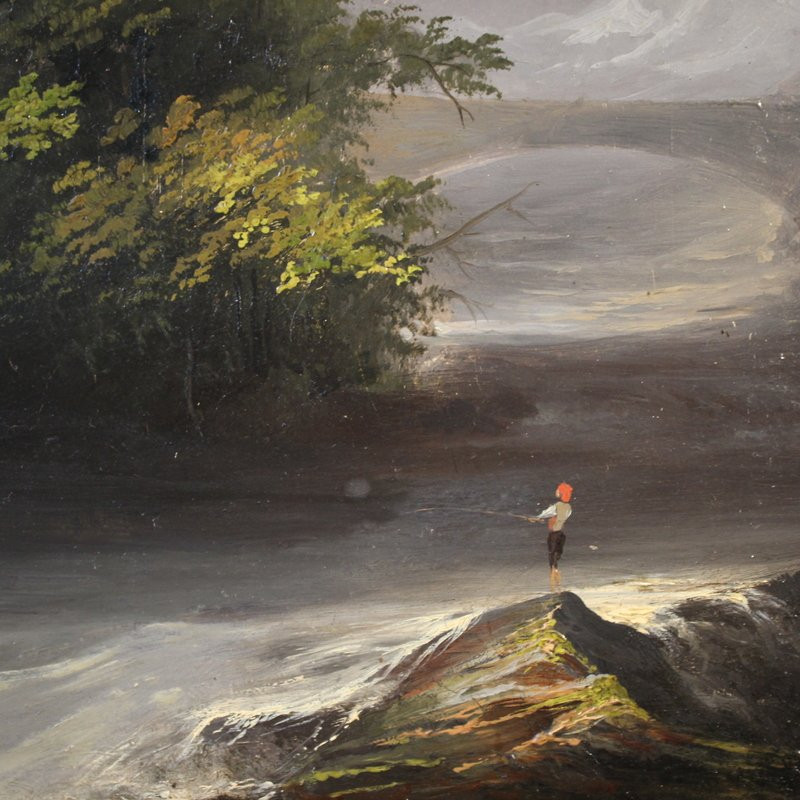 Tableau signé Peyron du 19ème siècle, paysage romantique avec pêcheur-photo-4