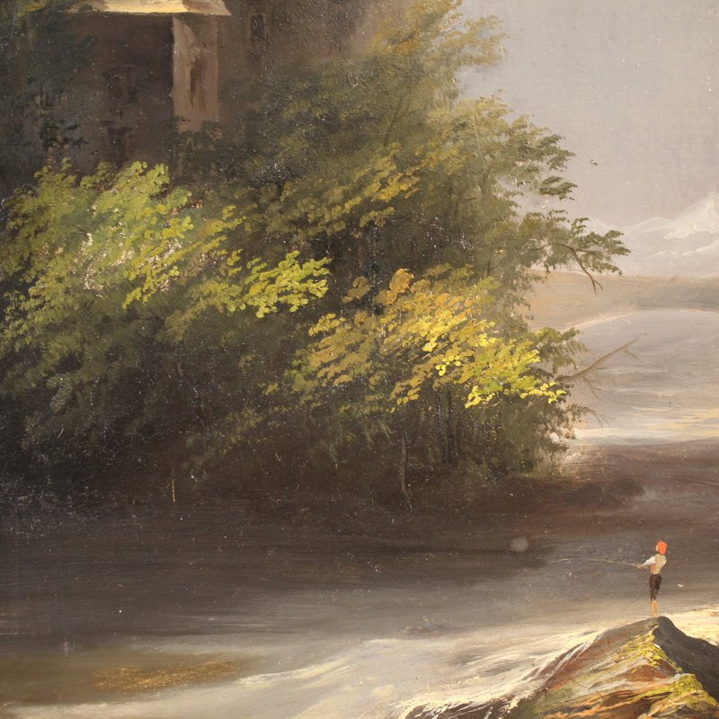 Tableau signé Peyron du 19ème siècle, paysage romantique avec pêcheur-photo-5