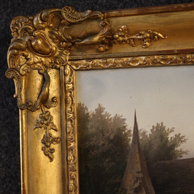 Tableau signé Peyron du 19ème siècle, paysage romantique avec pêcheur-photo-6