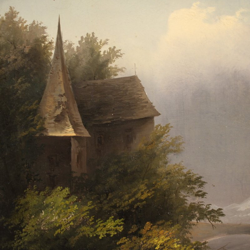 Tableau signé Peyron du 19ème siècle, paysage romantique avec pêcheur-photo-7