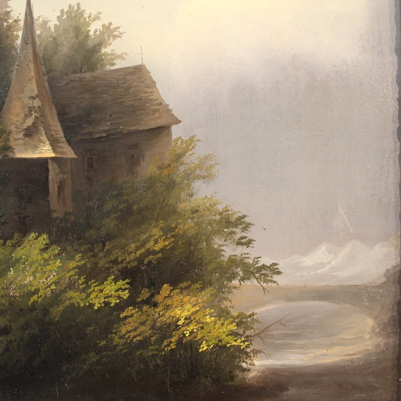 Tableau signé Peyron du 19ème siècle, paysage romantique avec pêcheur-photo-8