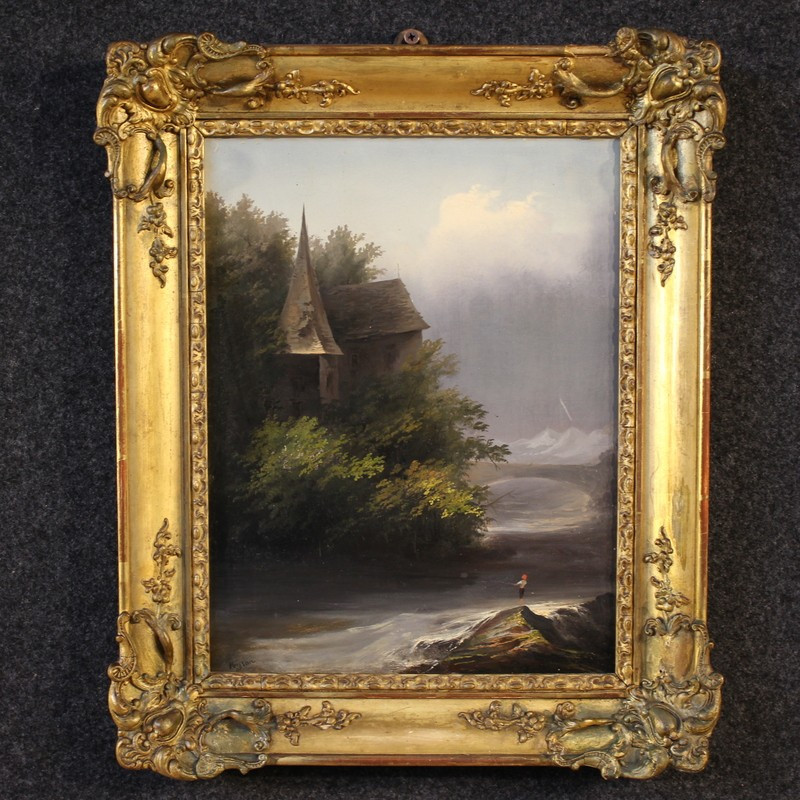 Tableau signé Peyron du 19ème siècle, paysage romantique avec pêcheur