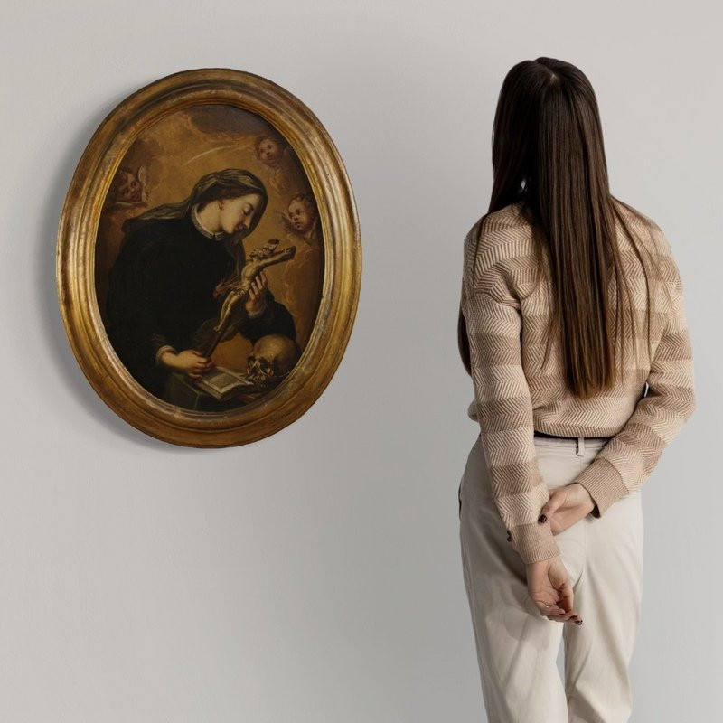 Ancien tableau ovale de Sainte Catherine de Gênes du 17ème siècle-photo-2