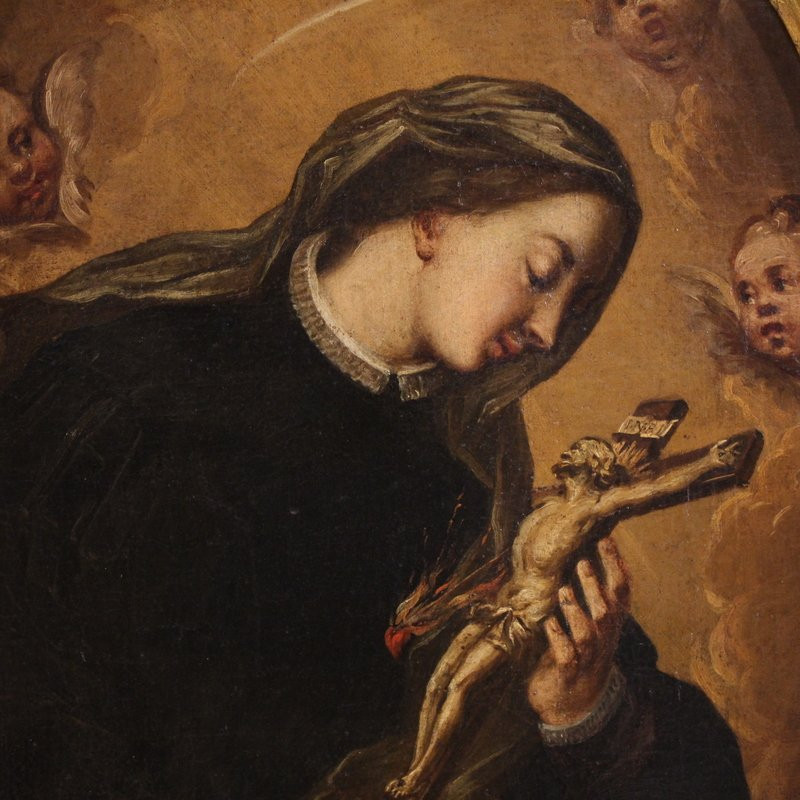 Ancien tableau ovale de Sainte Catherine de Gênes du 17ème siècle-photo-3