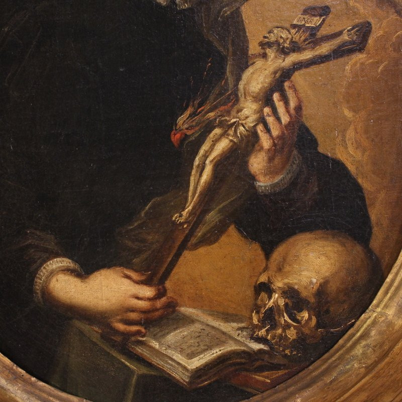 Ancien tableau ovale de Sainte Catherine de Gênes du 17ème siècle-photo-1