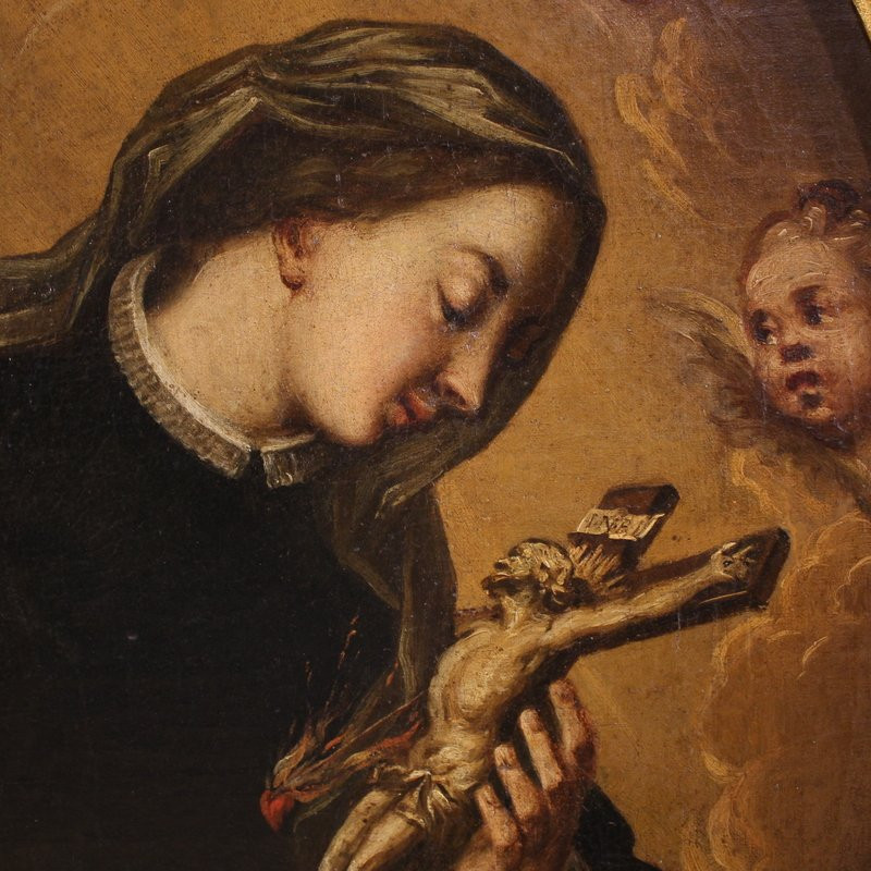 Ancien tableau ovale de Sainte Catherine de Gênes du 17ème siècle-photo-2