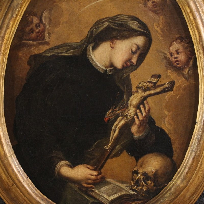 Ancien tableau ovale de Sainte Catherine de Gênes du 17ème siècle-photo-3