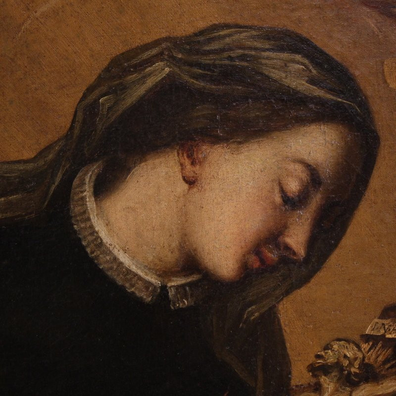 Ancien tableau ovale de Sainte Catherine de Gênes du 17ème siècle-photo-8