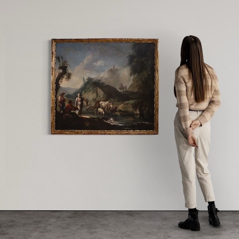 Great 18th Century Italian Painting, Landscape With Genre Scene-photo-2